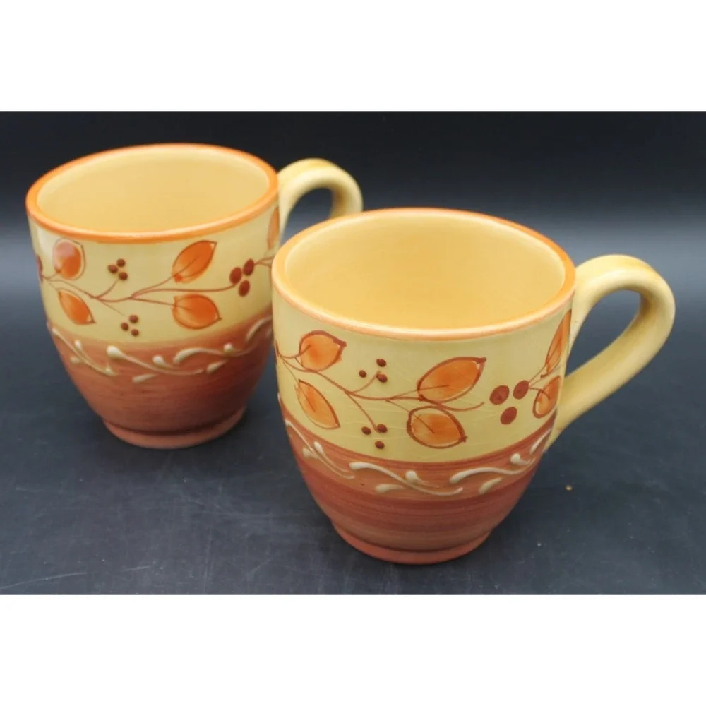 Pier 1 Genoa Coffee Mugs Set of 2 Hand Painted Italian Earthenware Leaves 4